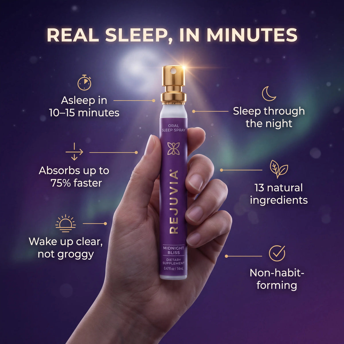 A hand holds a purple REUVIA oral spray bottle with a gold cap against a dark purple cosmic background with glowing text and icons about sleep benefits.