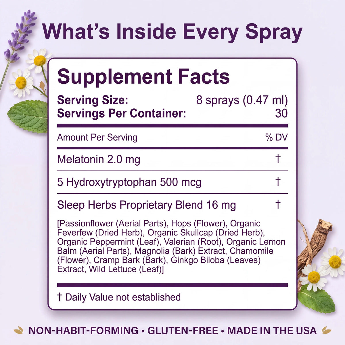 A supplement facts label graphic for a spray product on a light lavender background with decorative flowers and herbs. The label reads 'What's Inside Every Spray' at the top and lists supplement facts including melatonin 2.