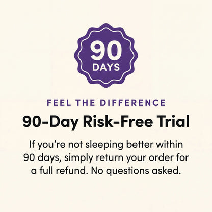 A promotional graphic on a light cream background with a purple badge reading '90 DAYS' and text that says 'FEEL THE DIFFERENCE' and '90-Day Risk-Free Trial,' followed by a refund statement.