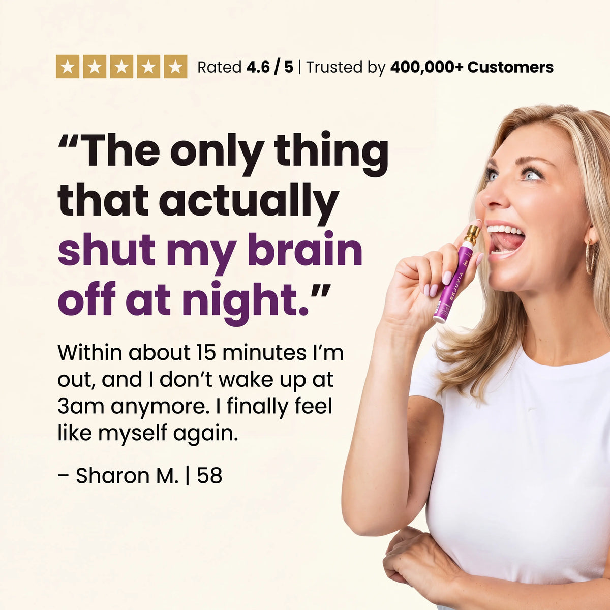 A promotional graphic with a woman on the right applying a purple oral spray, alongside large review text and stars reading 'Rated 4.6 / 5 | Trusted by 400,000+ Customers' on a light beige background.